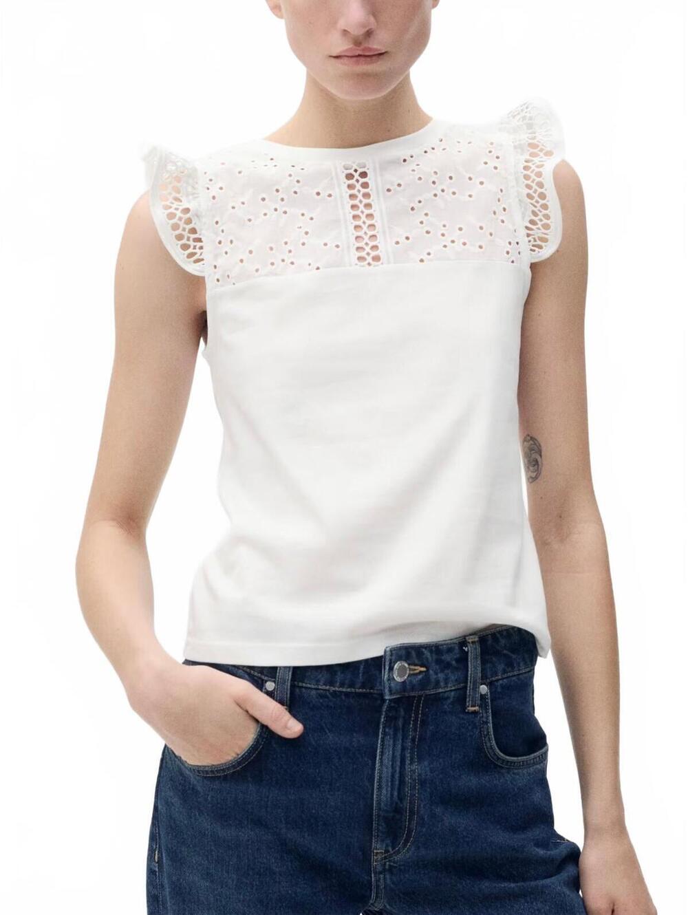 Mango Cotton Top with Lace Neckline NWT White XS